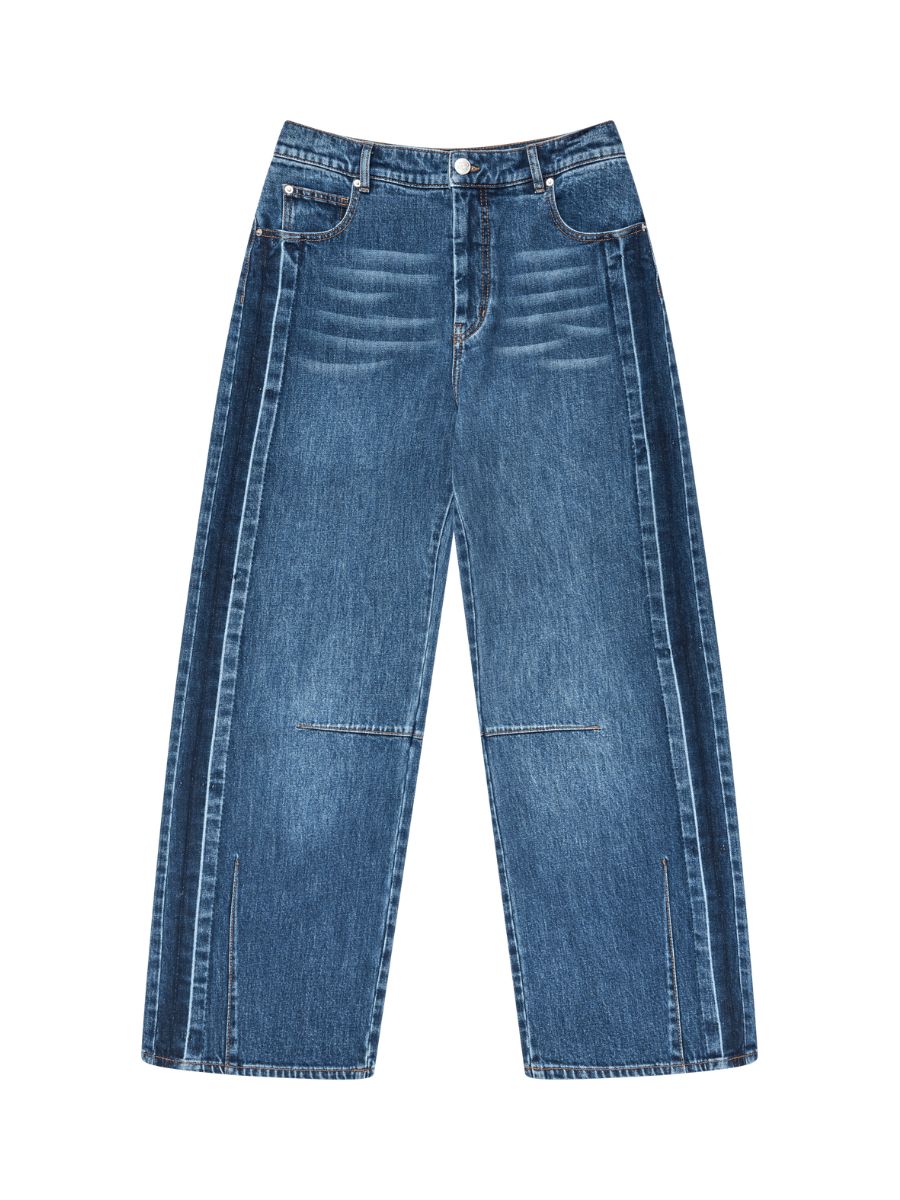 Munthe Bohdi Jeans flat product shot showing darts at knees and hem
