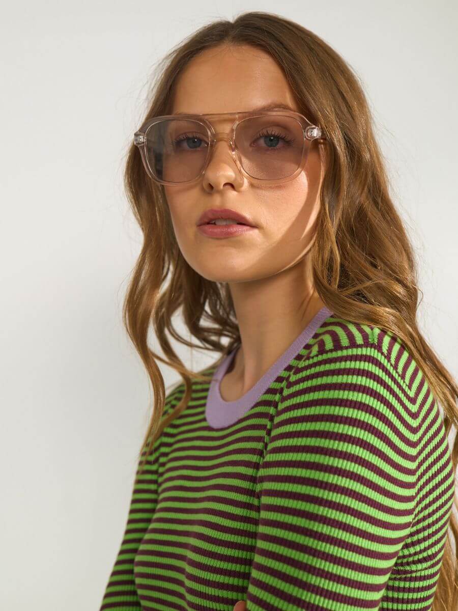 Numph - Filina Pullover - Fig styled with oversized transparent sunglasses