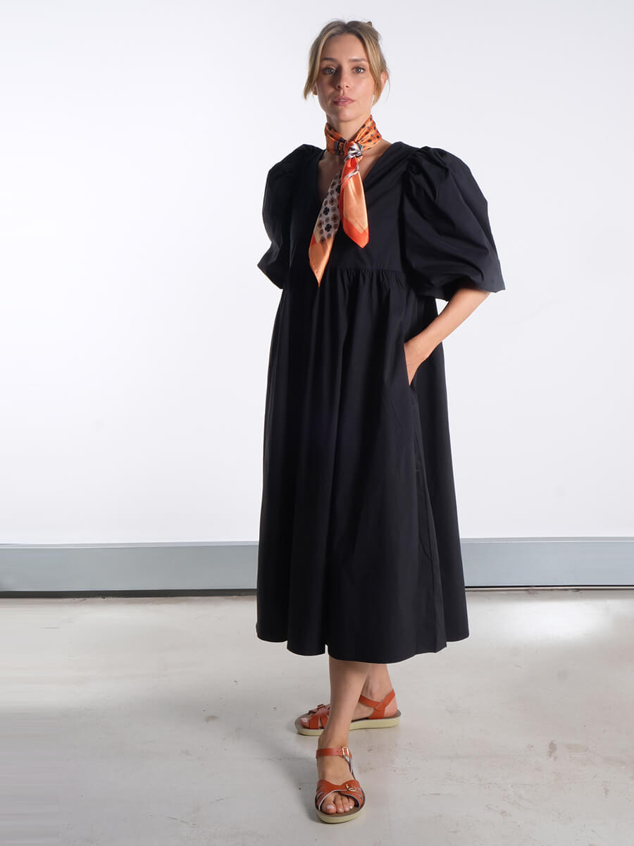 OBJECT Paige Puff Sleeved Midi Dress - Black SUI AVA Angela Scarf - Orange.