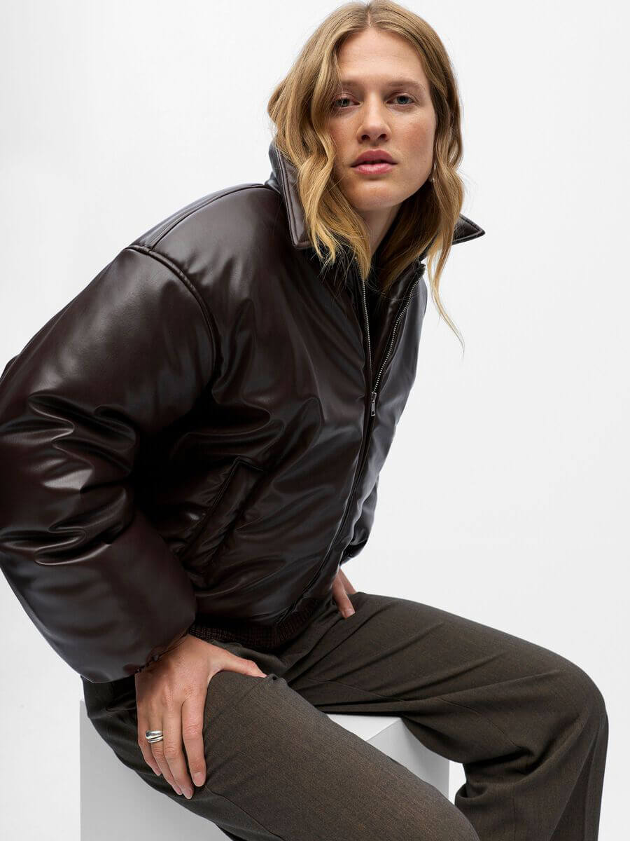 OBJECT Cleo Coated Puffer Jacket Seal Brown