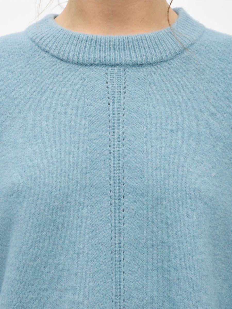 Object - Juno Pullover - Blue Shadow Melange close up of rib neckline and stitch detail down centre front