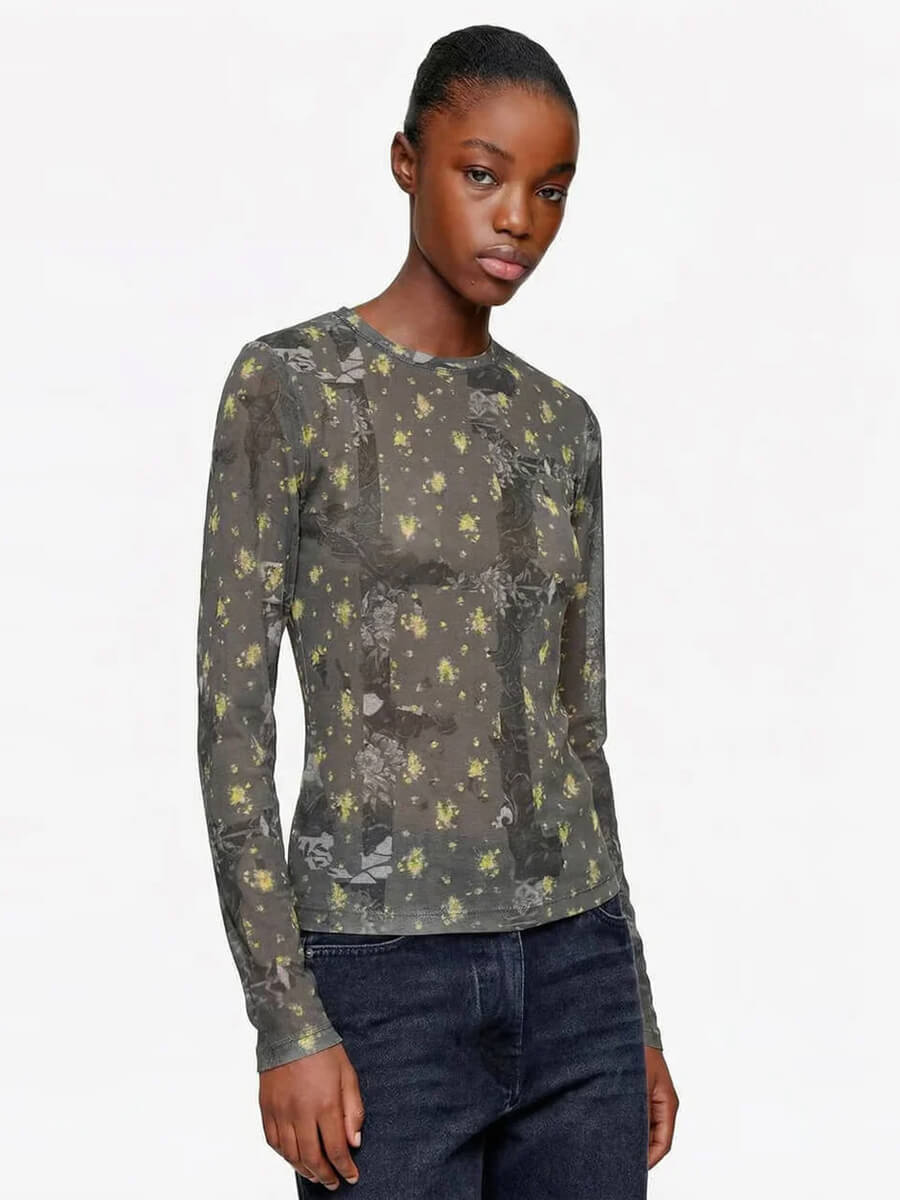 Printed Marl Mesh Long-Sleeve Top - Black Sand
