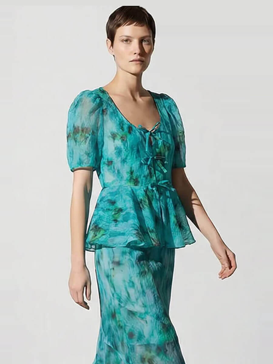 Ganni Printed Shibori Organza Peplum Blouse - Baltic