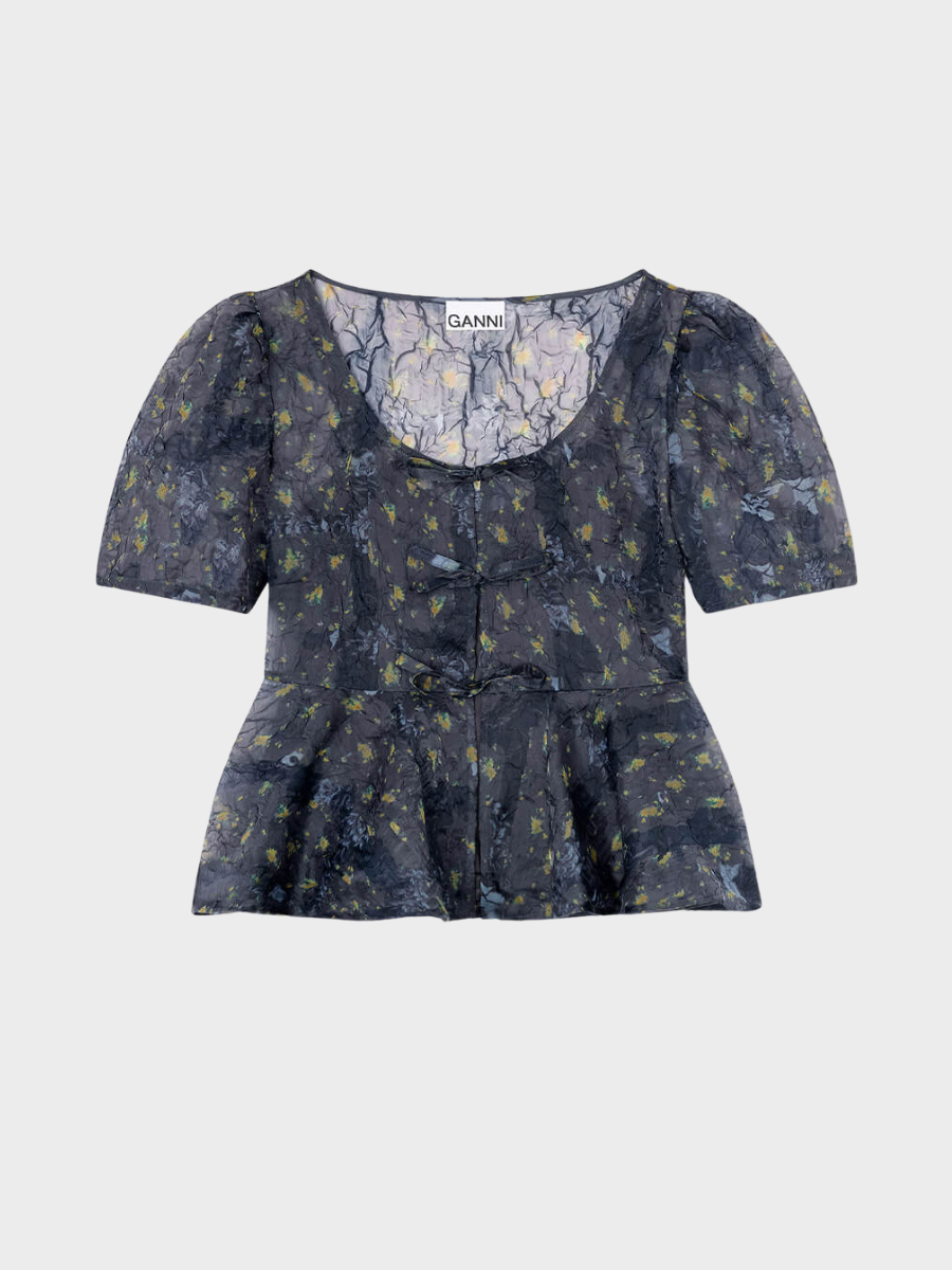 Ganni - Printed Shibori Organza Peplum Blouse - Black Sand