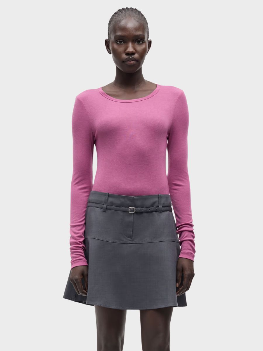 Sadou LS T-Shirt - Red Violet (mid pink) with tailored mini grey skirt