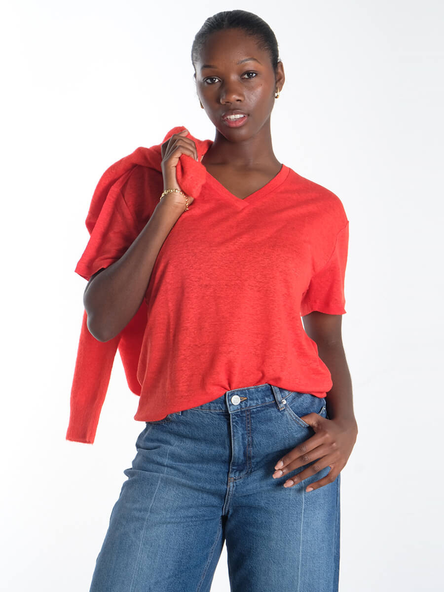 Samsoe Samsoe - Nor Short Cardigan -Saeli T-Shirt - Flame Scarlet - Munthe - Powell Jeans