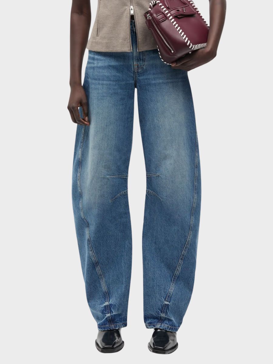 Samsoe Samsoe - Saharpo Jeans - Sephia Blue with squared toe black patent flats and burgundy structured leather handbag