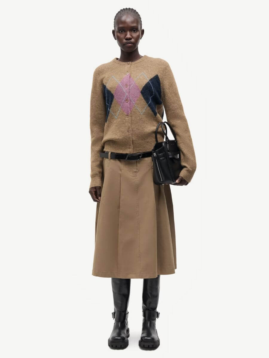 Samsoe Samsoe - Sanor Short Cardigan - Lead Grey styled with camel pleated midi skirt with black leather boots, belt and chunky boots