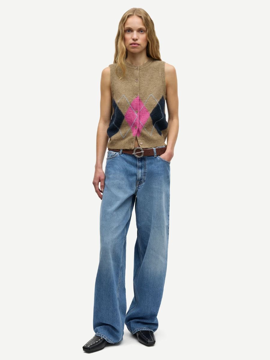 Samsoe Samsoe - Sanoura Vest - Lead Grey styled with mid-wash blue long leg baggy jeans, brown leather belt and black leather flats