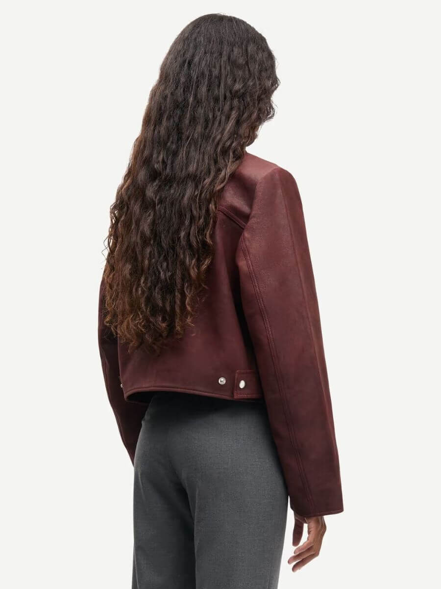 Samsoe Samsoe - Sashiva Leather Jacket - Fudge back view showing curved up hem and relaxed fit, styled with charcoal tailored trousers