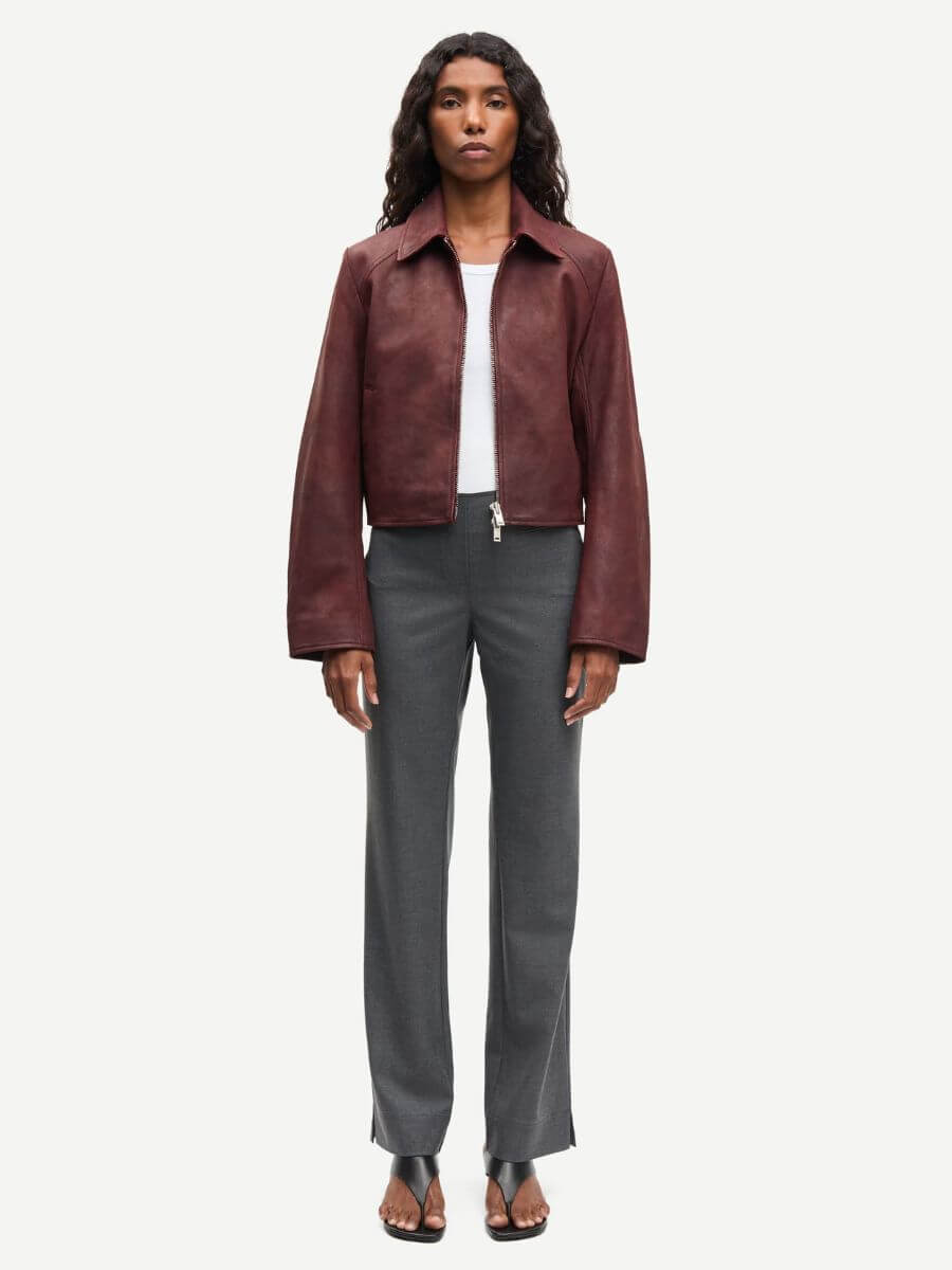 Samsoe Samsoe - Sashiva Leather Jacket - Fudge styled with white tee, charcoal tailored trousers and black leather sandals