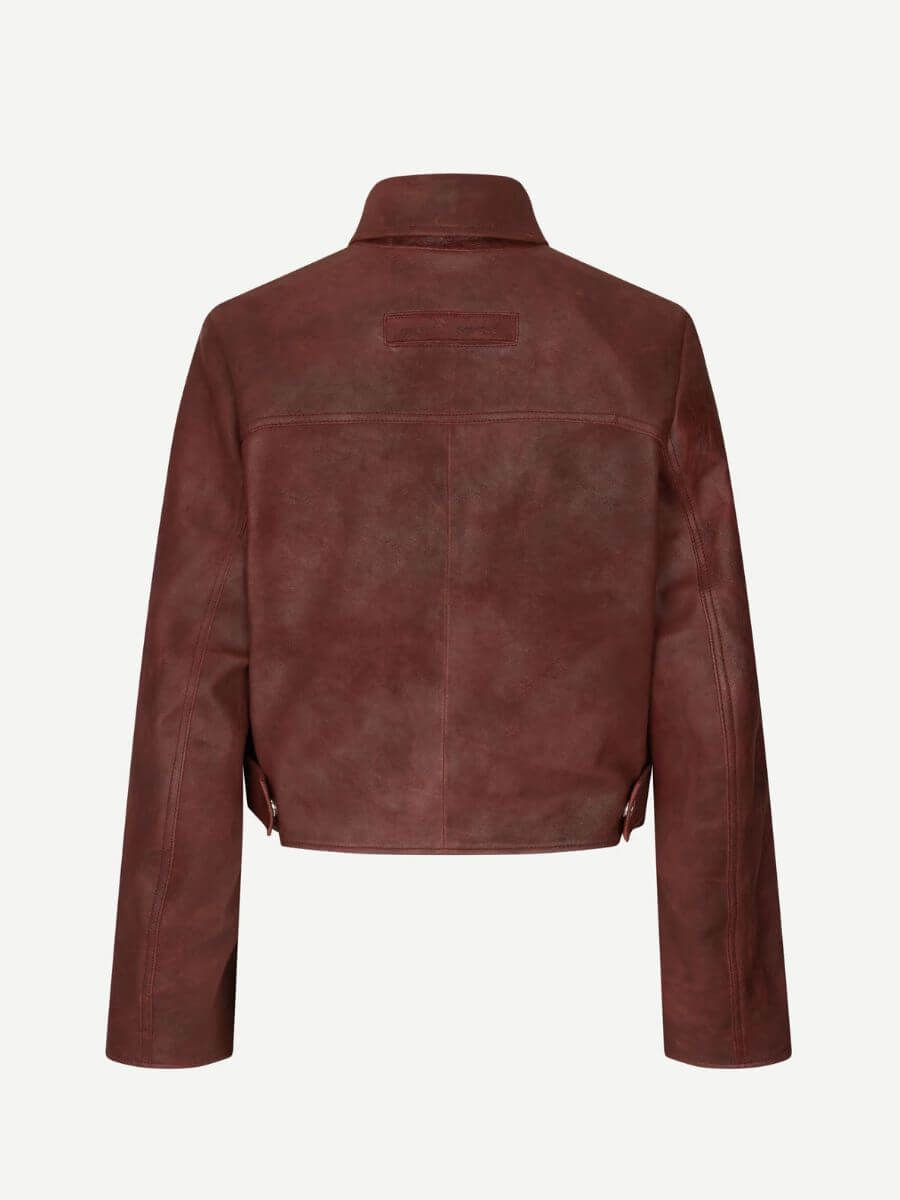 Samsoe Samsoe - Sashiva Leather Jacket - Fudge back product shot, showing logo welt tab, back yoke and centre back seam detail and adjustable press stud hem tabs