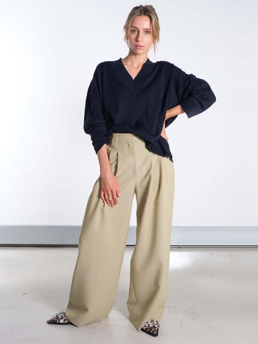 Beige Twill Suiting Mid Waist Trousers