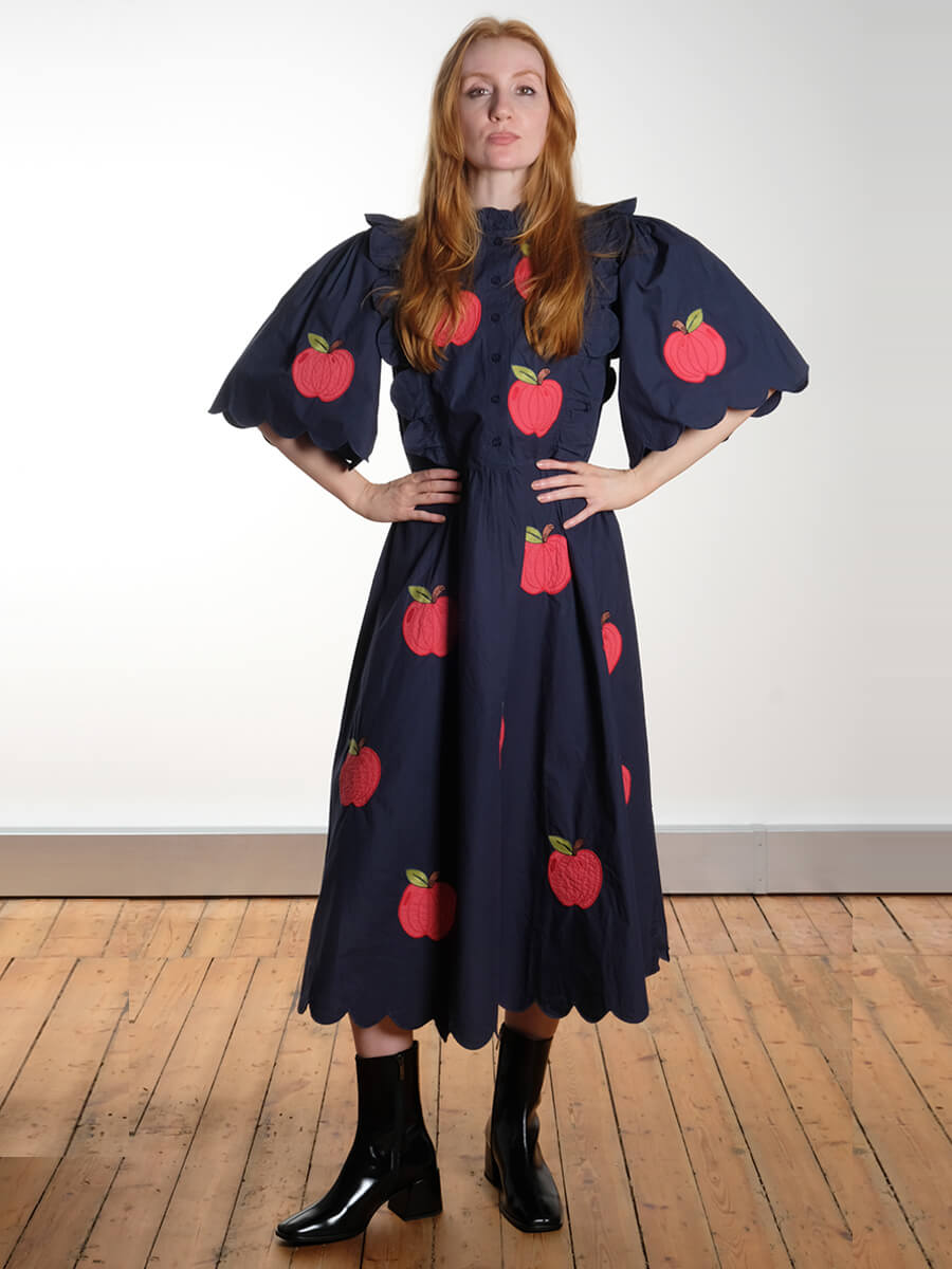 Embroidered Cotton Midi Dress - Navy