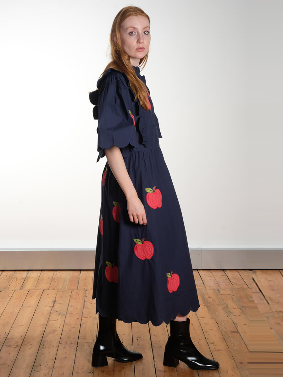 Embroidered Cotton Midi Dress - Navy