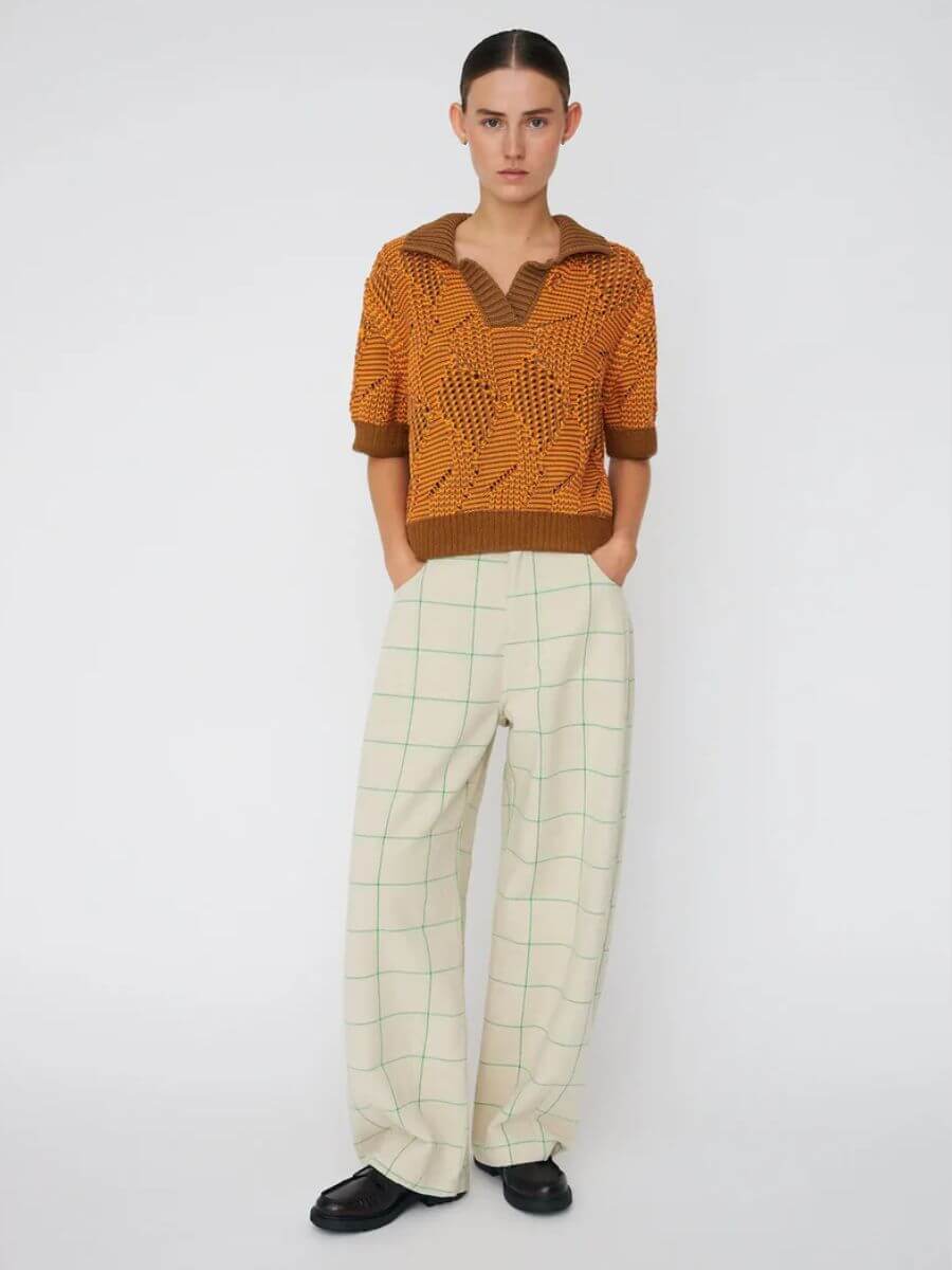 Stella Nova - Cotton Knit Polo - Burned Orange styled with wide leg, checked, tailored trousers and loafers