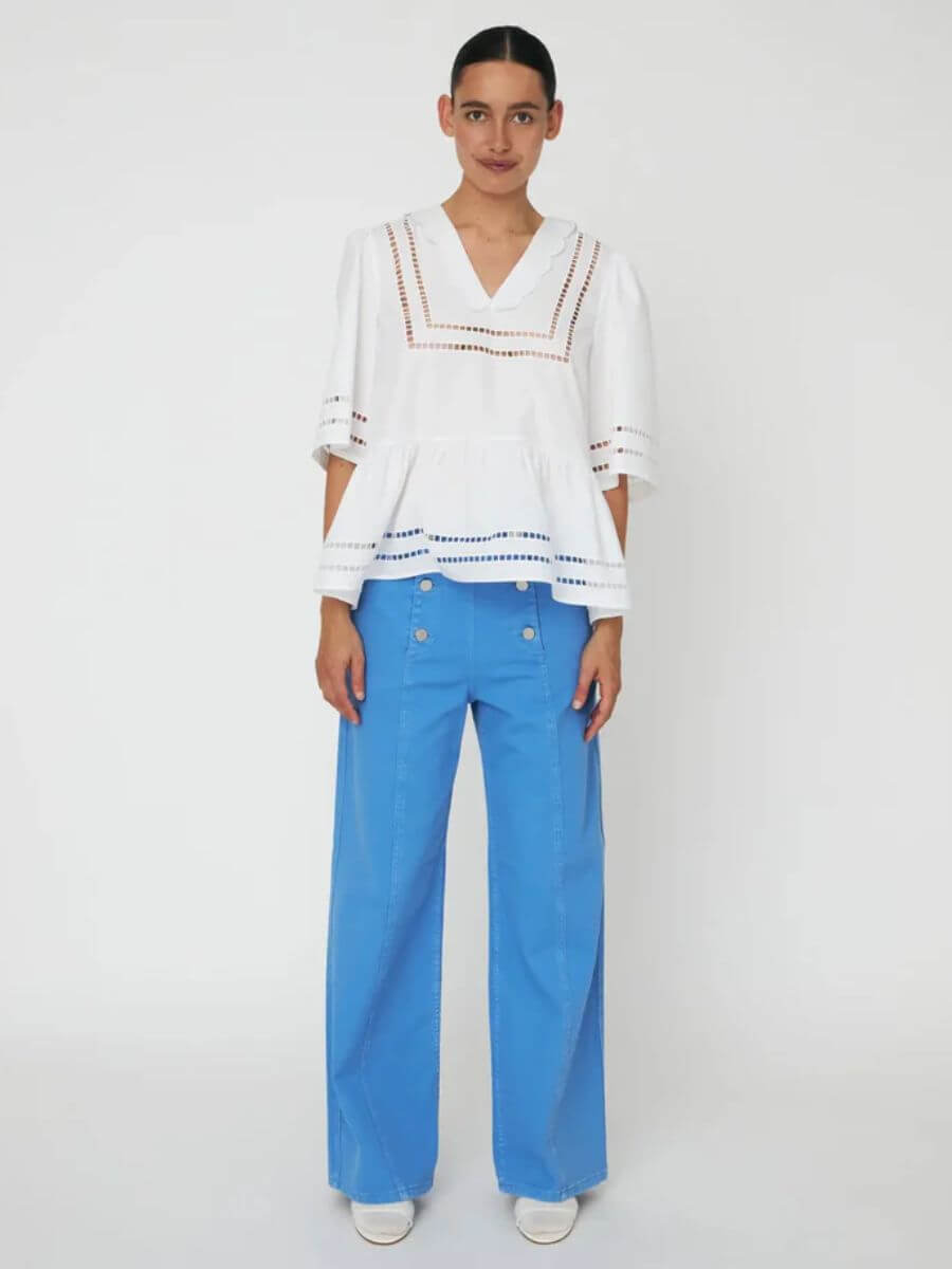 Stella Nova - Top with Scallop Edge Collar - White styled with blue sailor style trousers