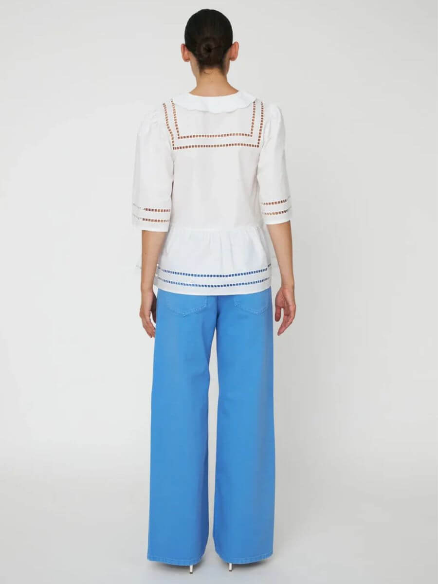 Stella Nova - Top with Scallop Edge Collar - White back view styled with blue jeans and heels