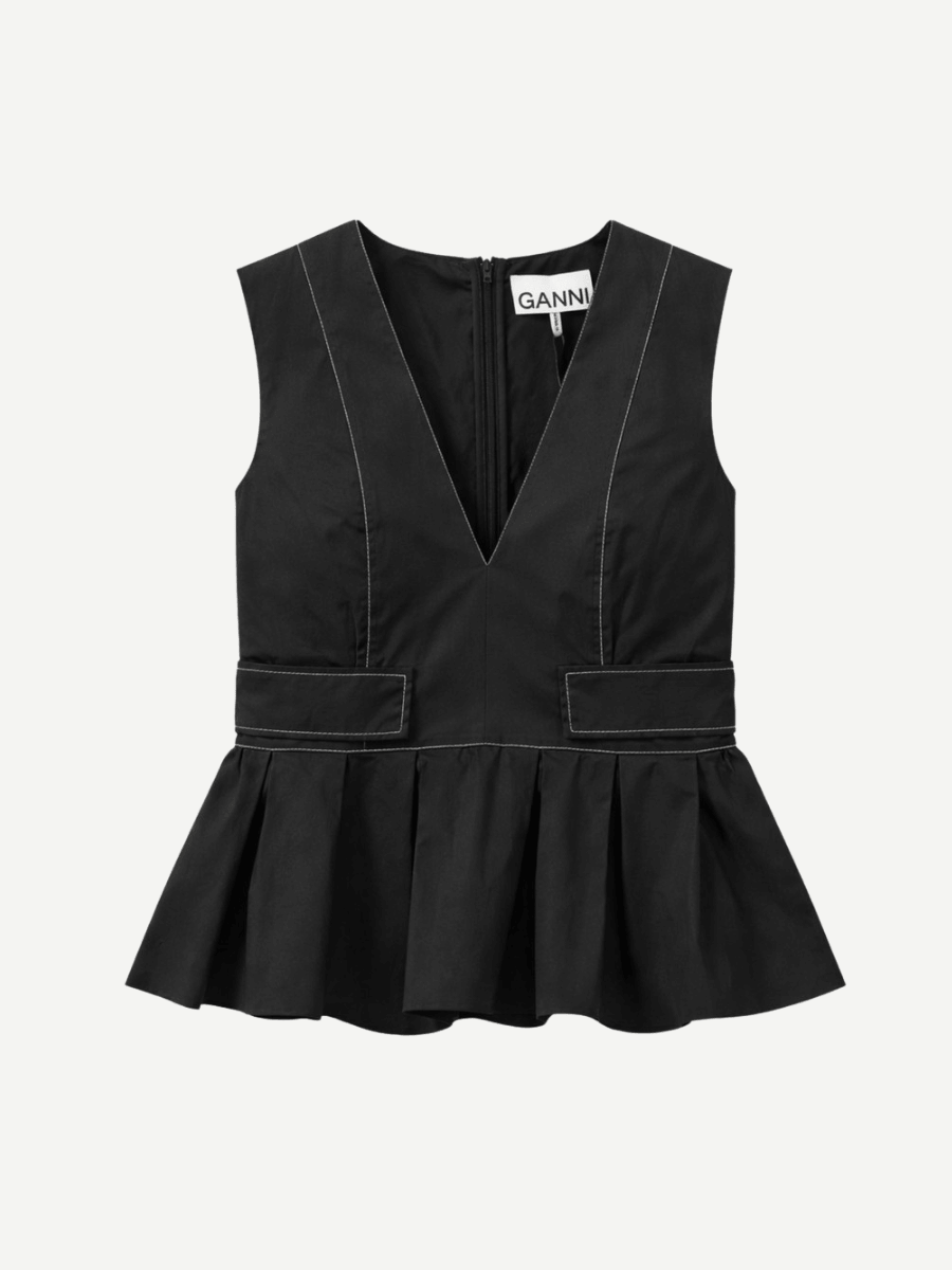 Ganni - Stretch Cotton V-neck Pocket Blouse