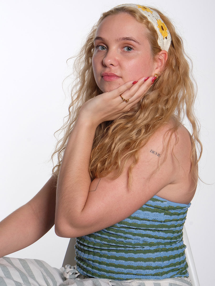 Sui Ava crochet bohemian headband with yellow flower pattern