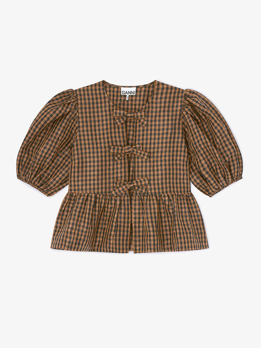 ganni Crinkled Check Blouse