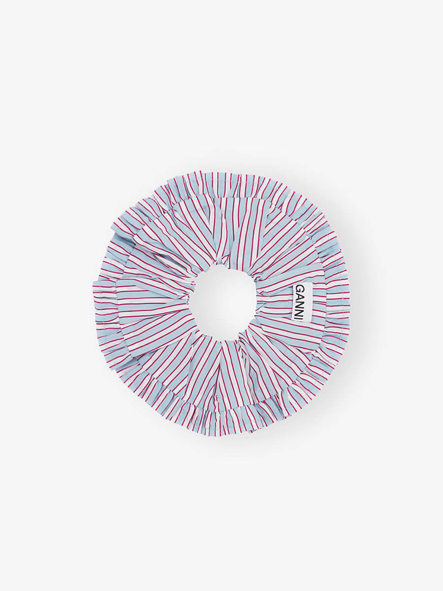 ganni Striped Frill Scrunchie - Soft Chambray