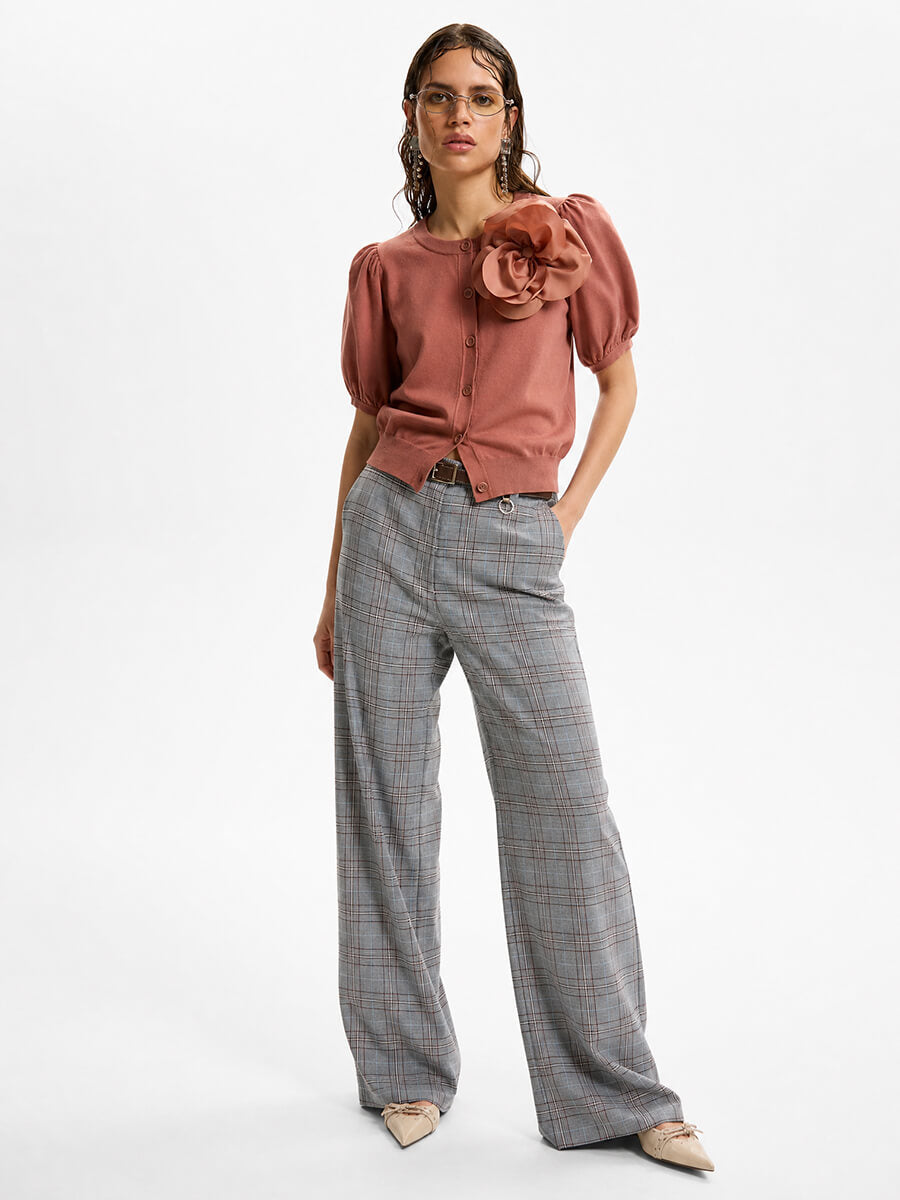 Essentiel Antwerp - Jumpo Cardigan - Terracotta styled with silver dangle rhinestone earrings and narrow oval sunglasses