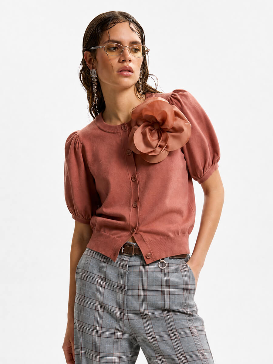 Essentiel Antwerp - Jumpo Cardigan - Terracotta styled with silver dangle rhinestone earrings and narrow oval sunglasses
