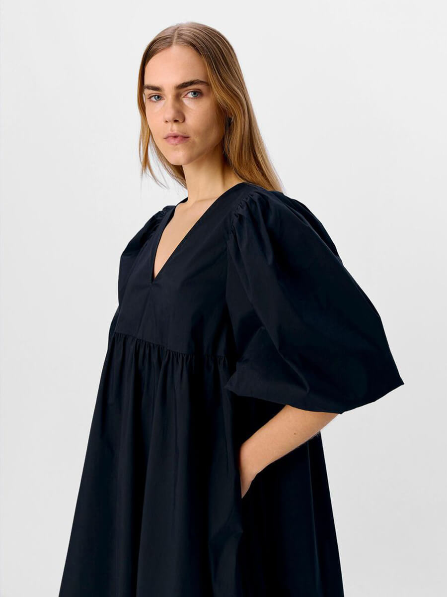 object Paige Puff Sleeved Midi Dress - Black