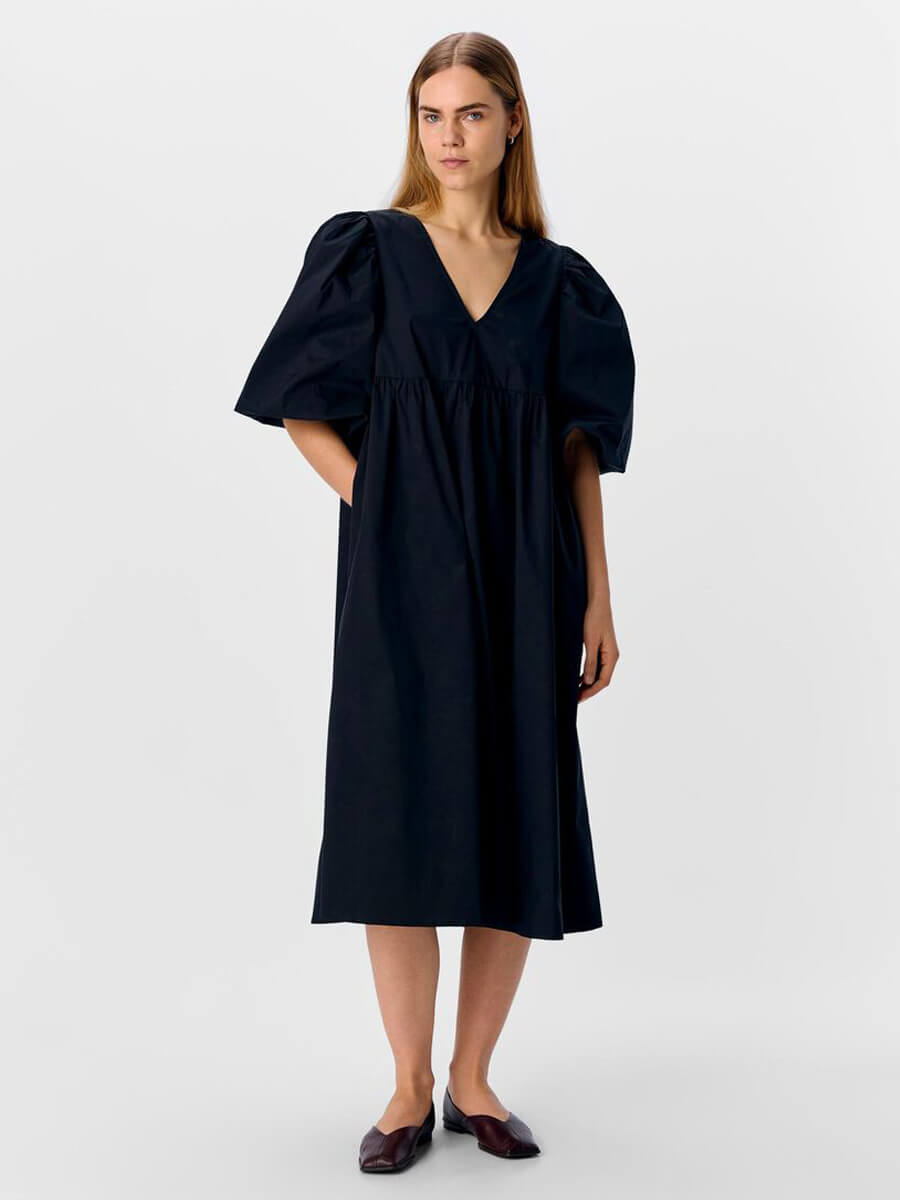 object Paige Puff Sleeved Midi Dress - Black.