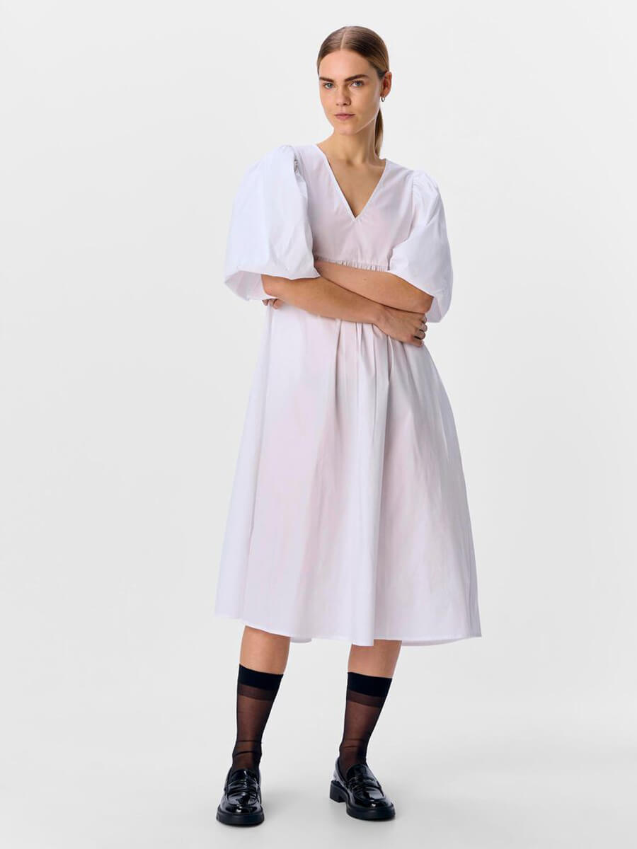 object Paige Puff Sleeved Midi Dress - White
