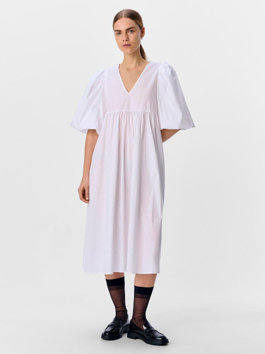 object Paige Puff Sleeved Midi Dress - White
