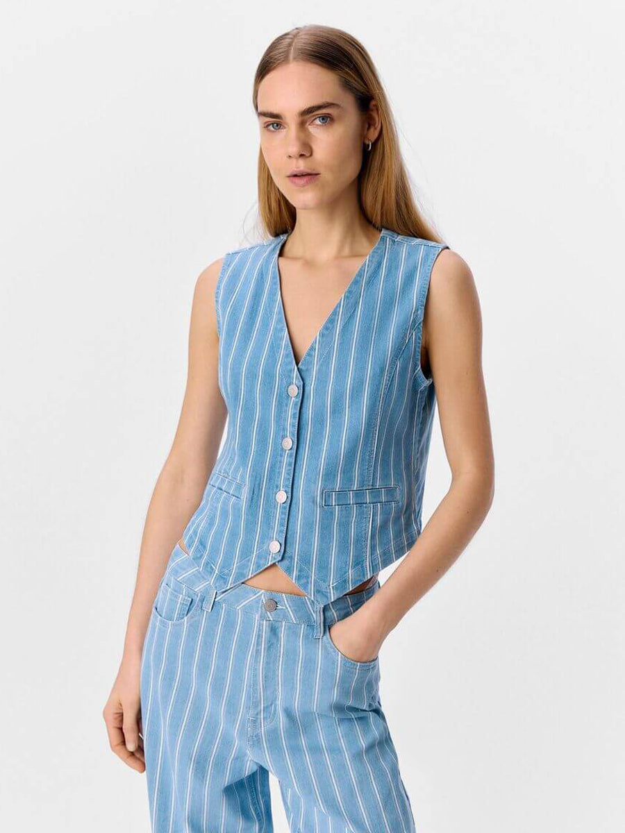 Object Striped Waistcoat - Light Blue Denim