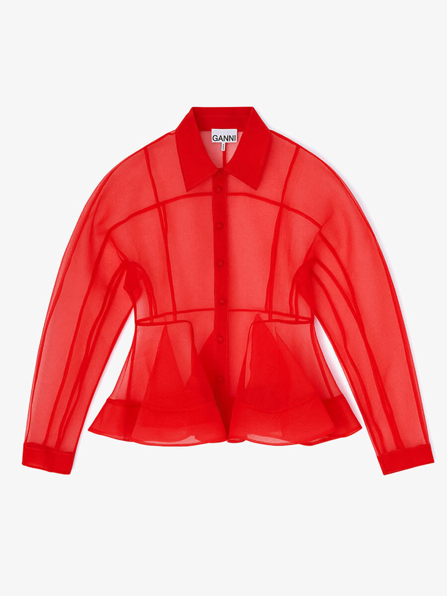 Ganni Red Organza Peplum Shirt