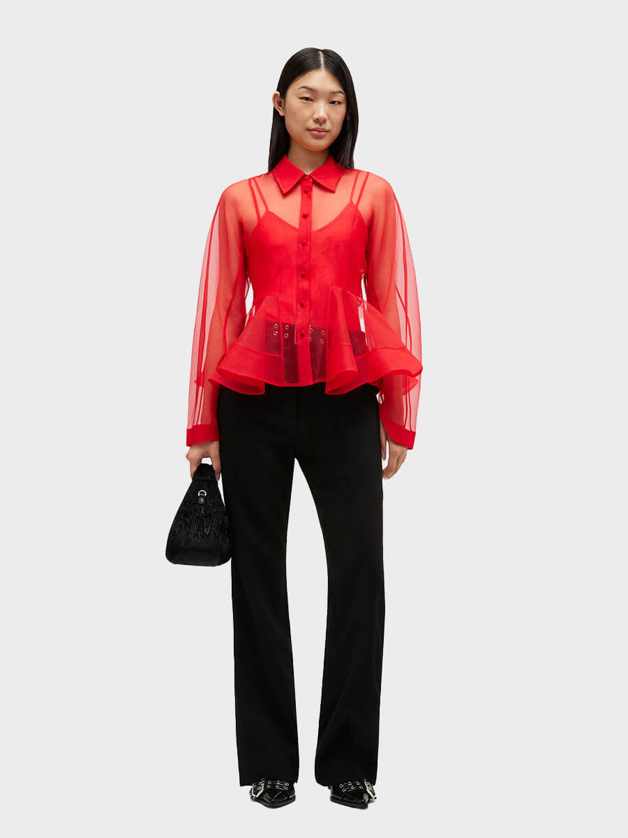 Ganni Red Organza Peplum Shirt