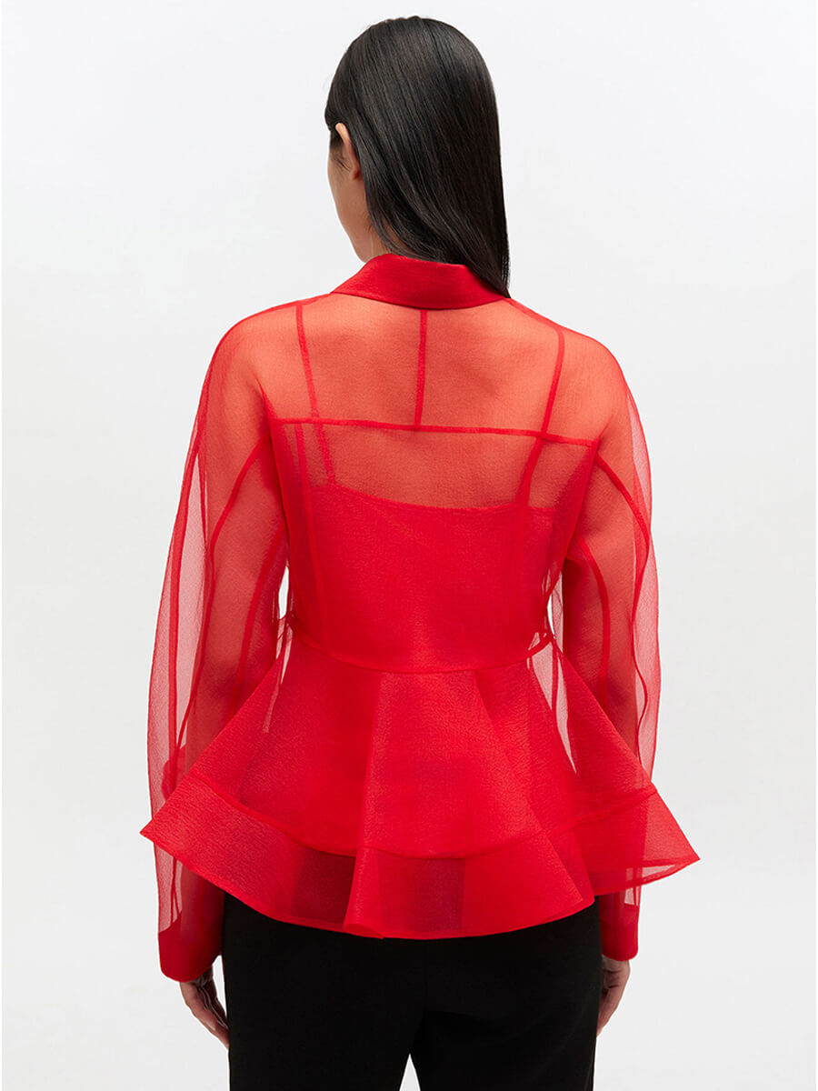Ganni Red Organza Peplum Shirt