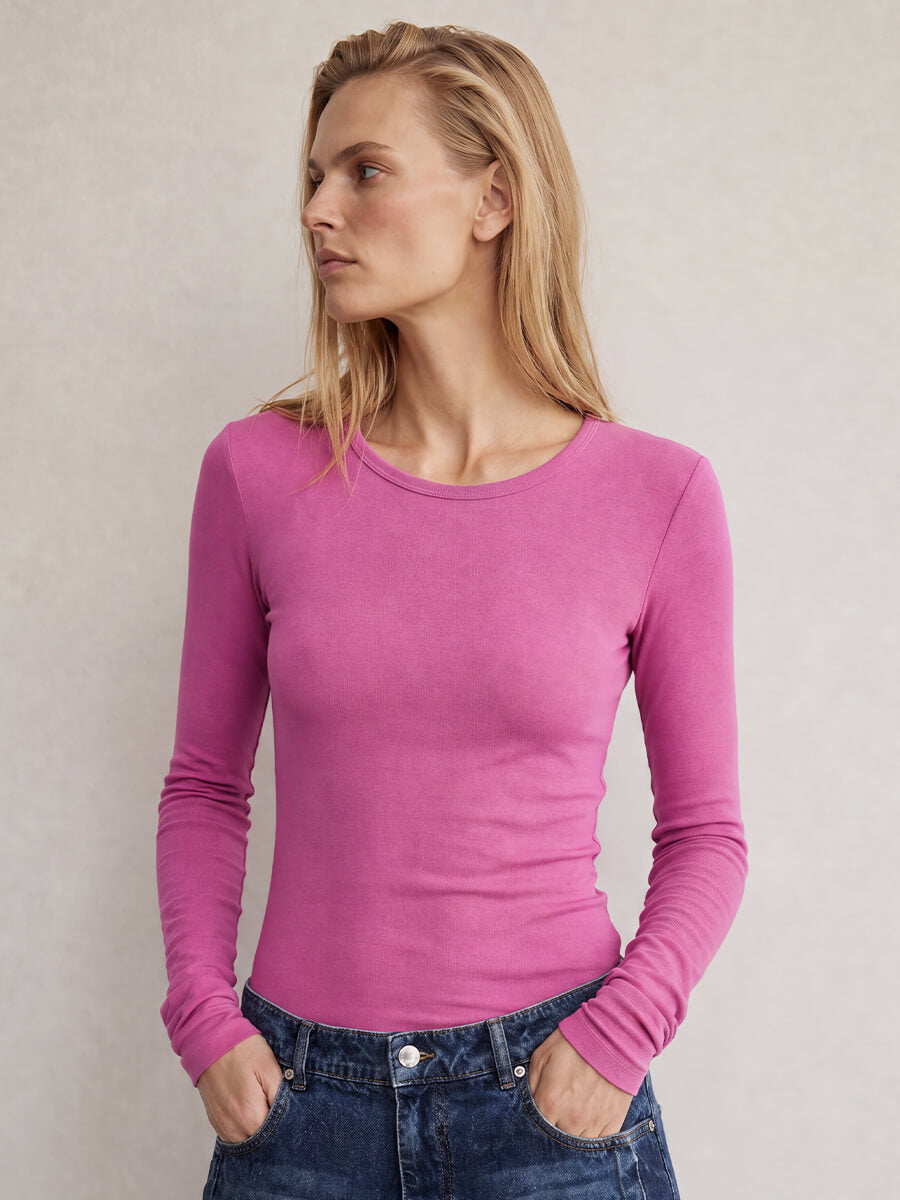 Sadou LS T-Shirt - Red Violet (mid pink) with tailored mini grey skirt
