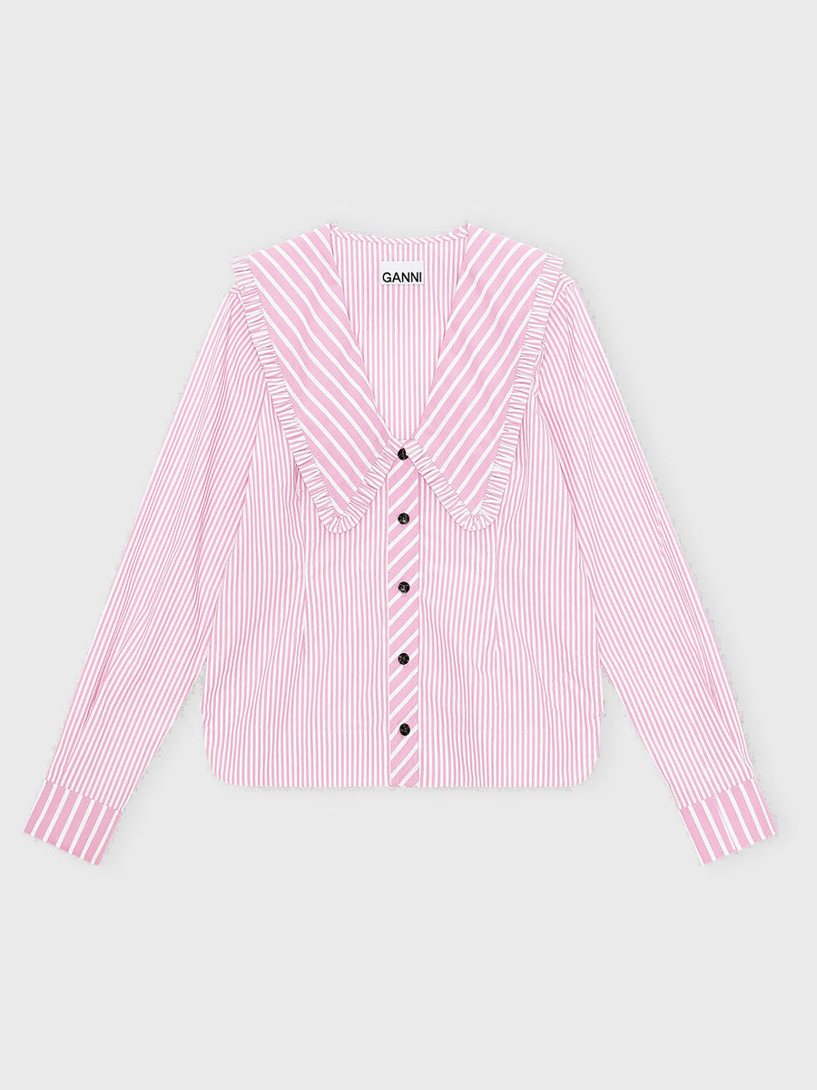 Ganni - Stripe Cotton V-Neck Frill Collar Wide Shirt - Moonlight Mauve