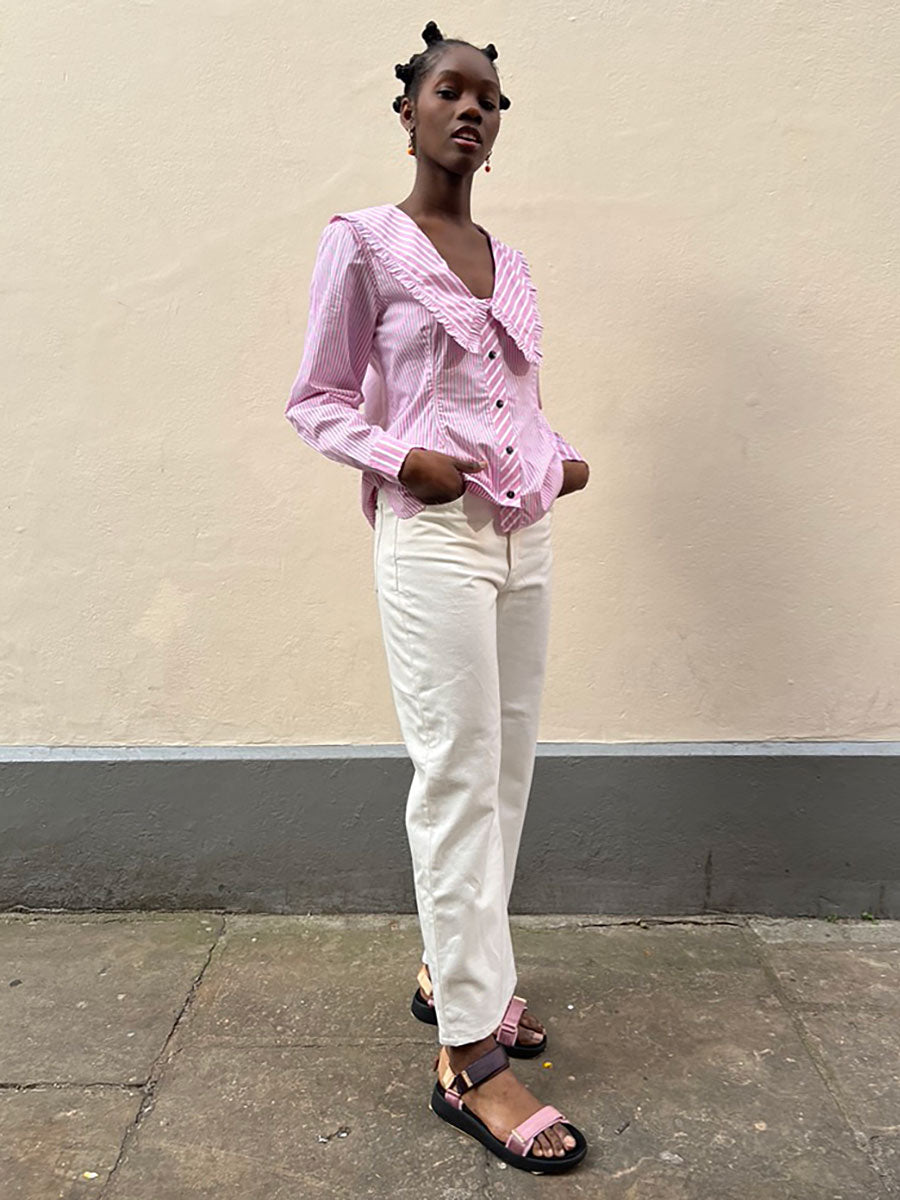 GANNI-Stripe Cotton V-Neck Frill Collar Wide Shirt - Moonlight Mauve
