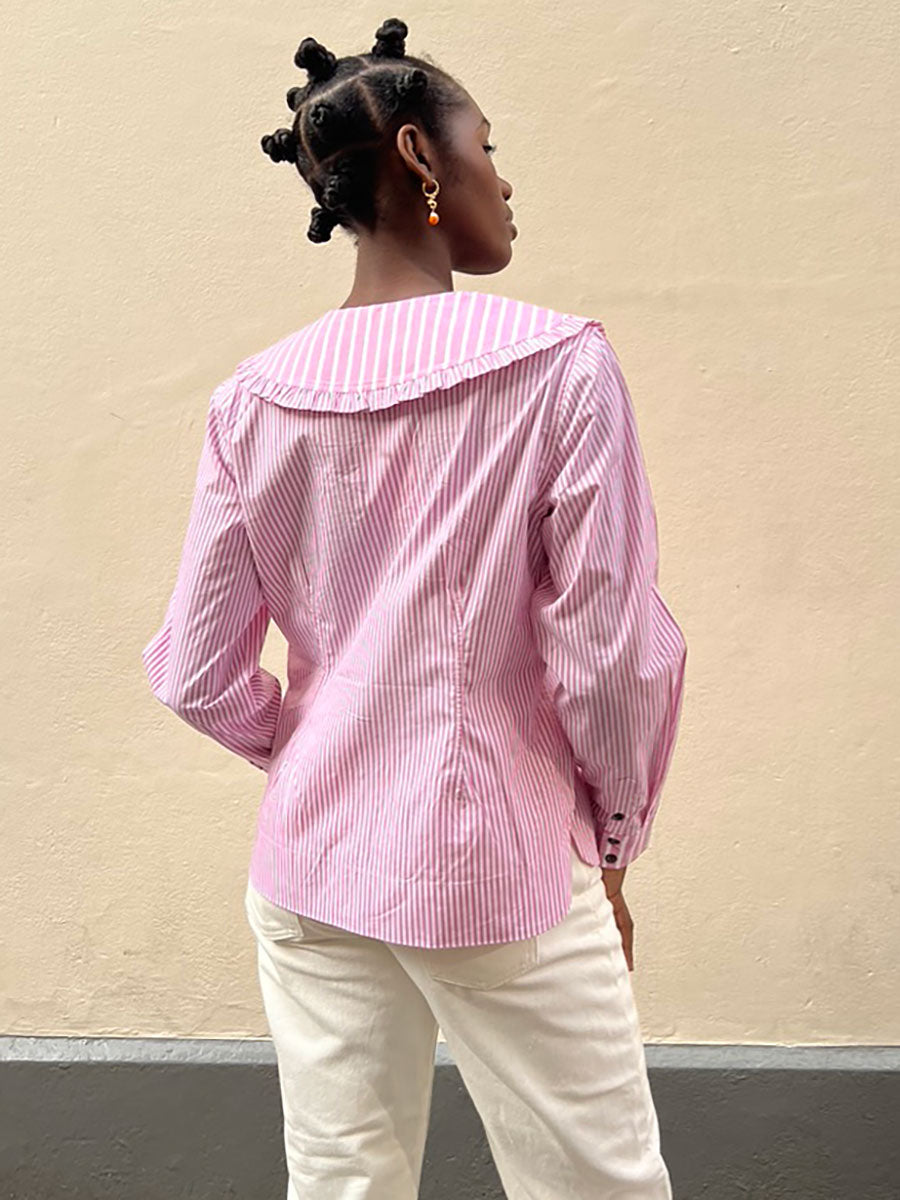 GANNI-Stripe Cotton V-Neck Frill Collar Wide Shirt - Moonlight Mauve