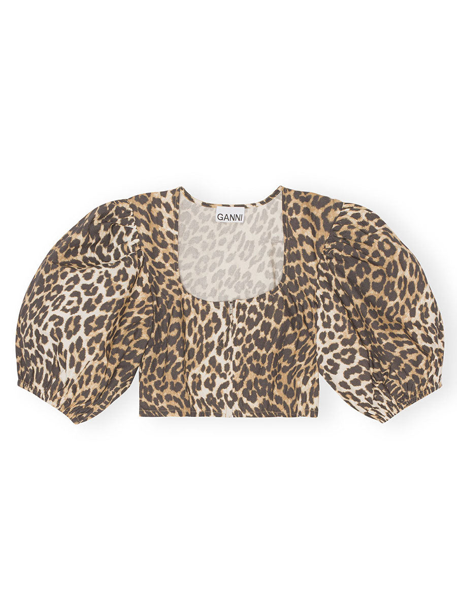 Ganni Printed-Cropped-Zipper-Blouse
