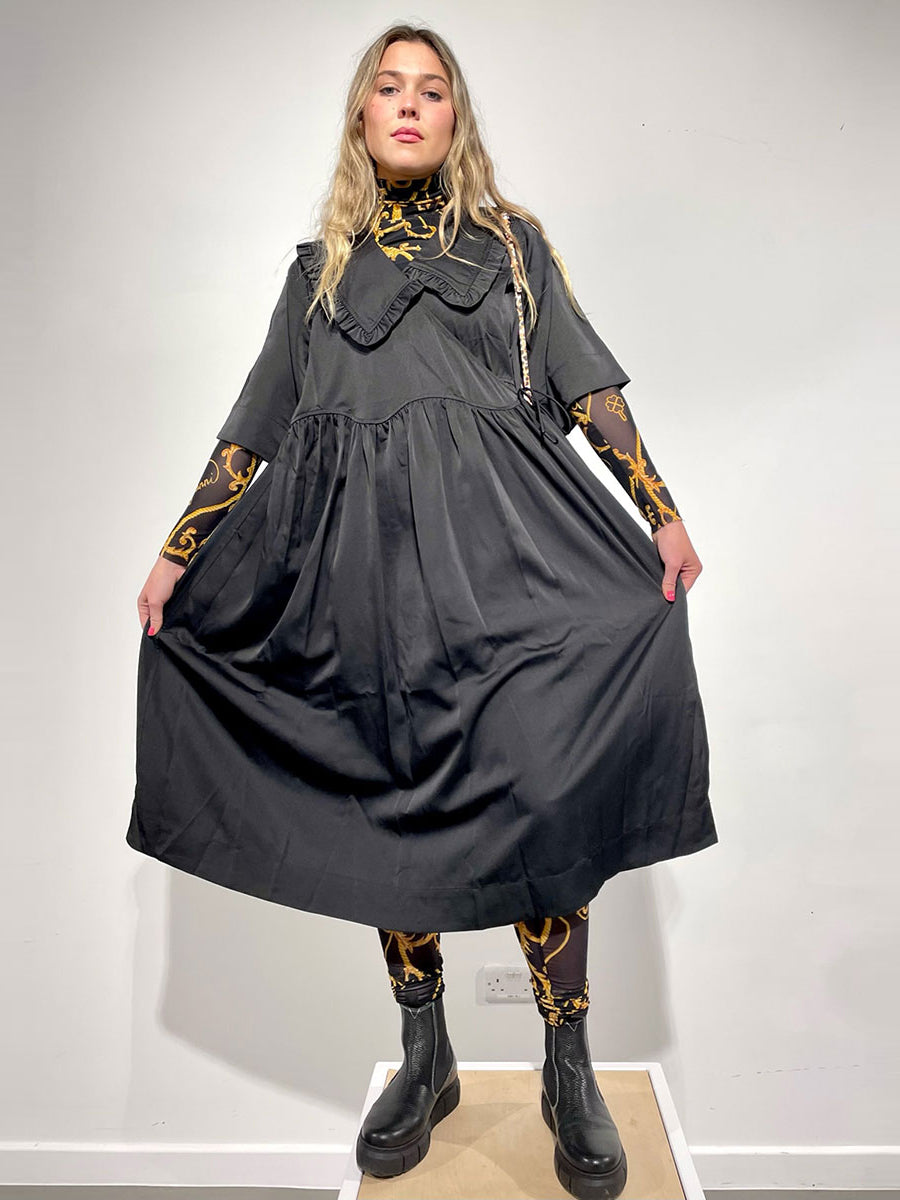 Ganni - Smocked Satin Ruffle Collar Wrap Dress - Black