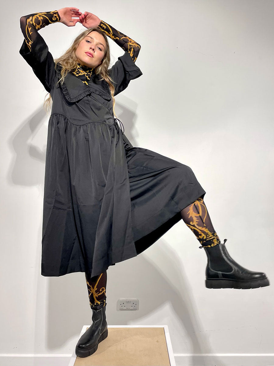 Ganni - Smocked Satin Ruffle Collar Wrap Dress - Black