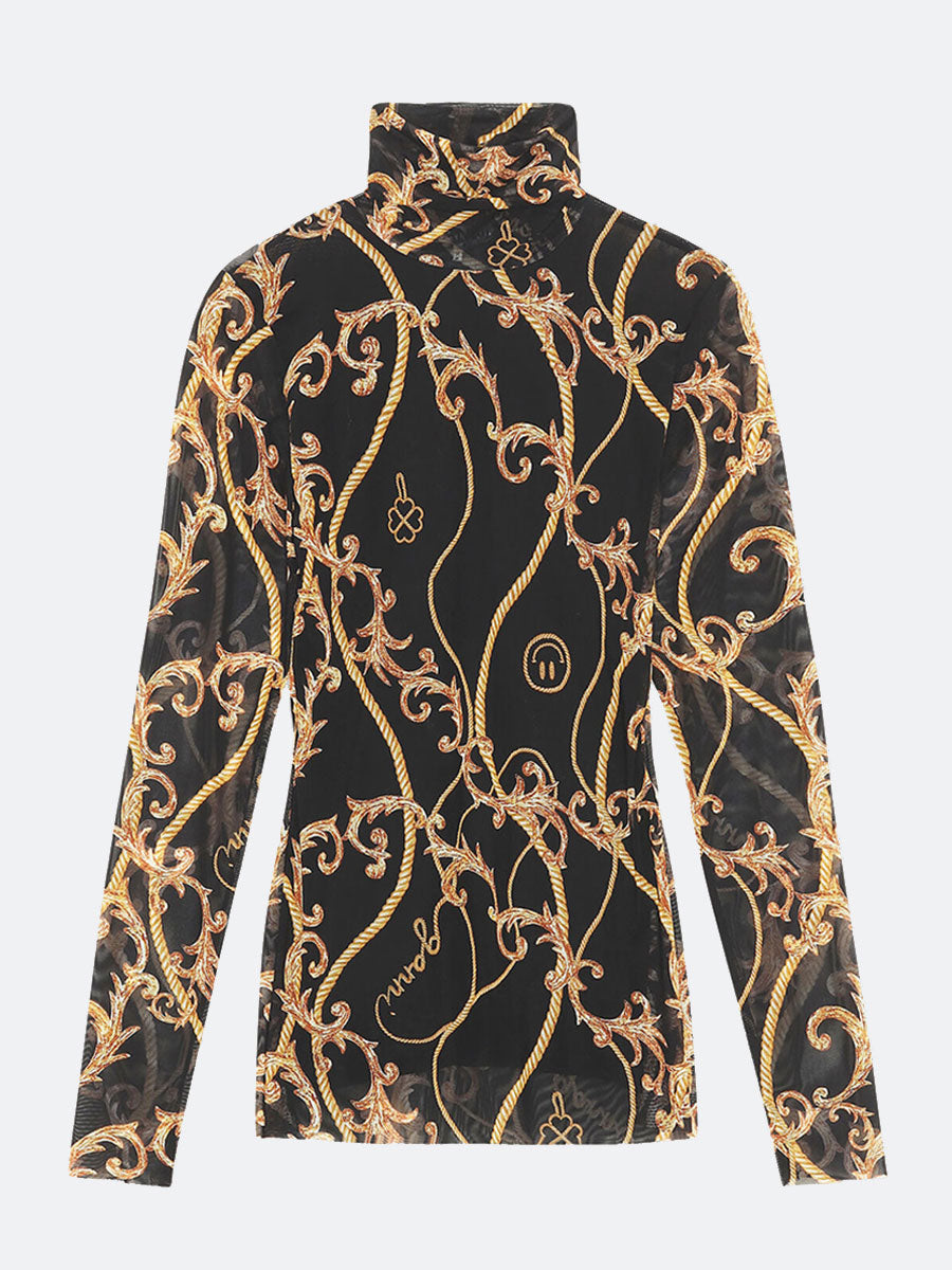 Printed Mesh Long Sleeve Roll Neck Top