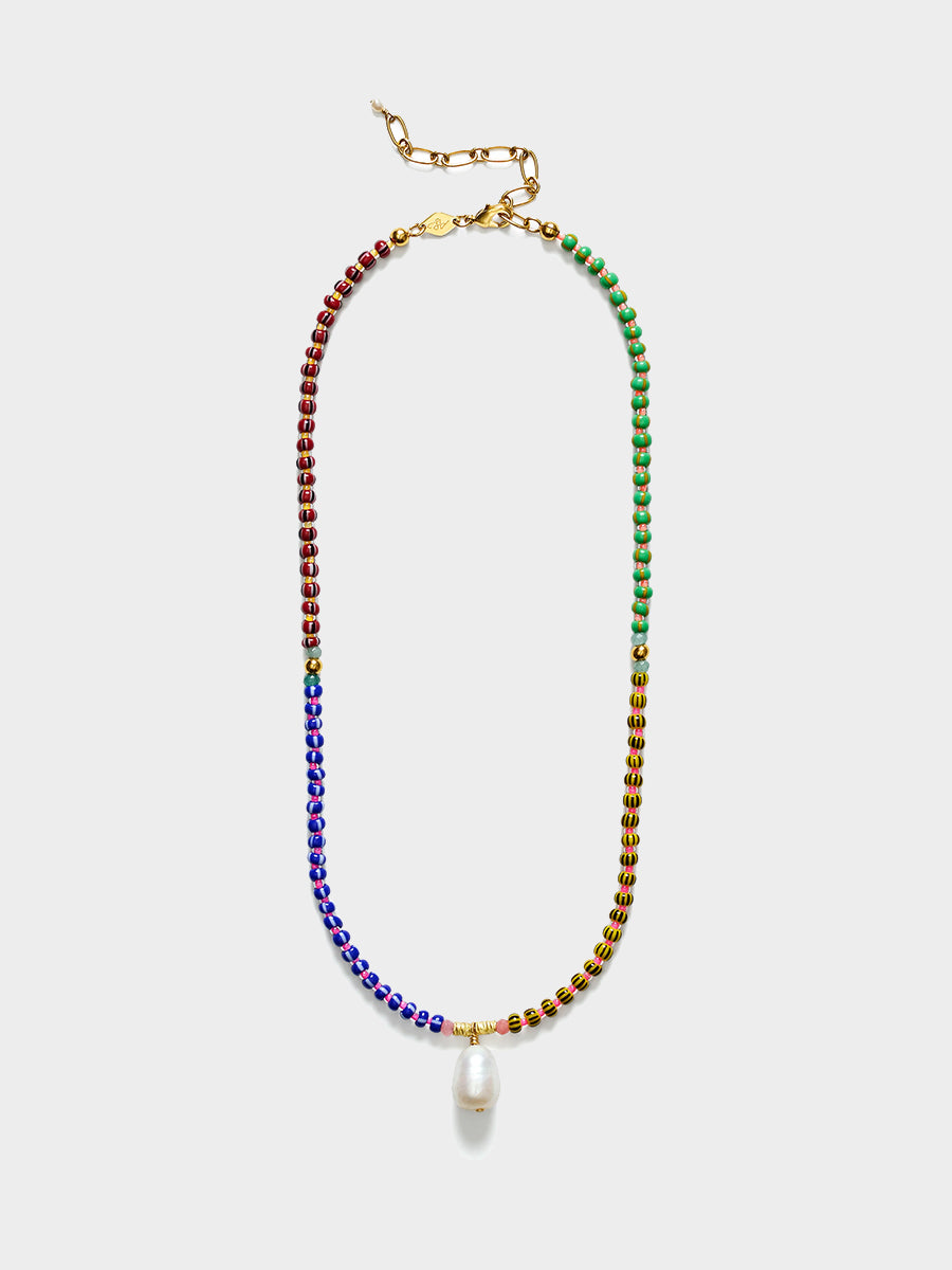 Anni Lu Multicolored beaded necklace with a pearl pendant on a white background