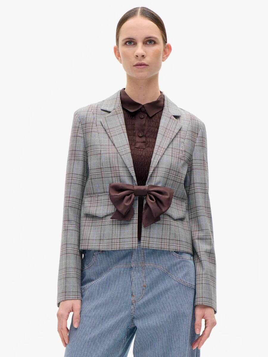 Baum Und Pferdgarten - Benni Jacket - Grey Mini Check styled with brown shirt and jeans