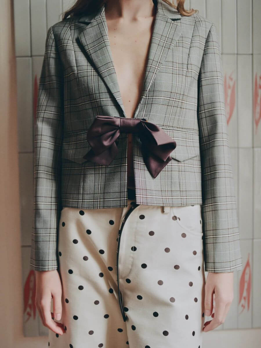Baum Und Pferdgarten - Benni Jacket - Grey Mini Check styled with no under shirt and cream/brown polka dot jeans