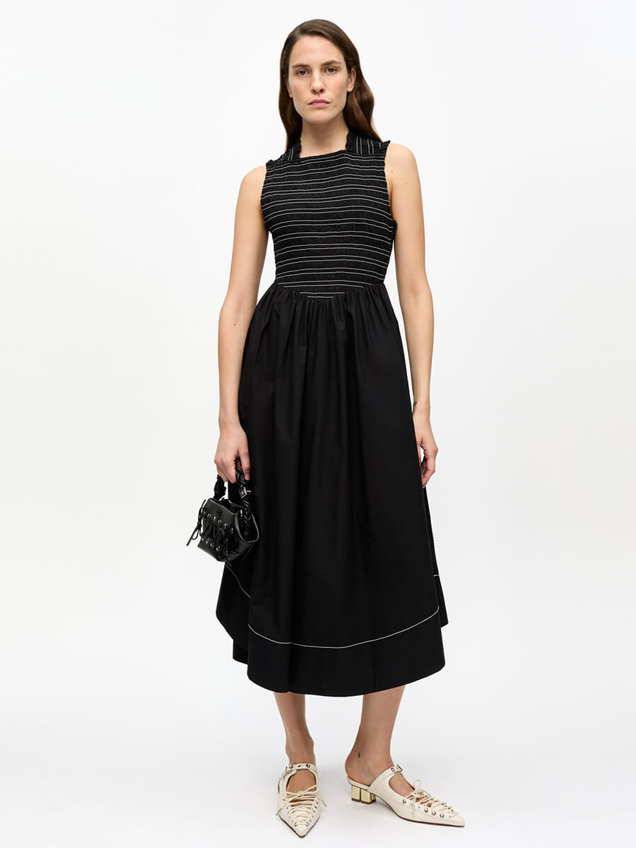 Black Washed Stretch Cotton Smock Midi Dress 