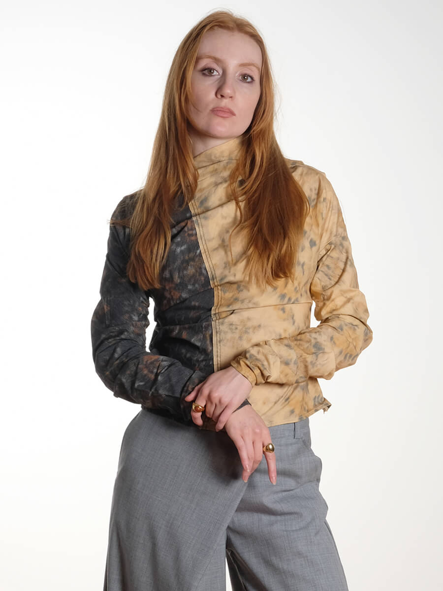 Black and Beige Floral Ruched Top 