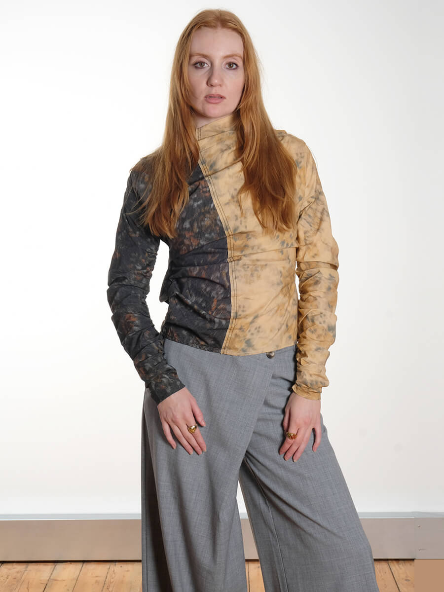 Black and Beige Floral Ruched Top 